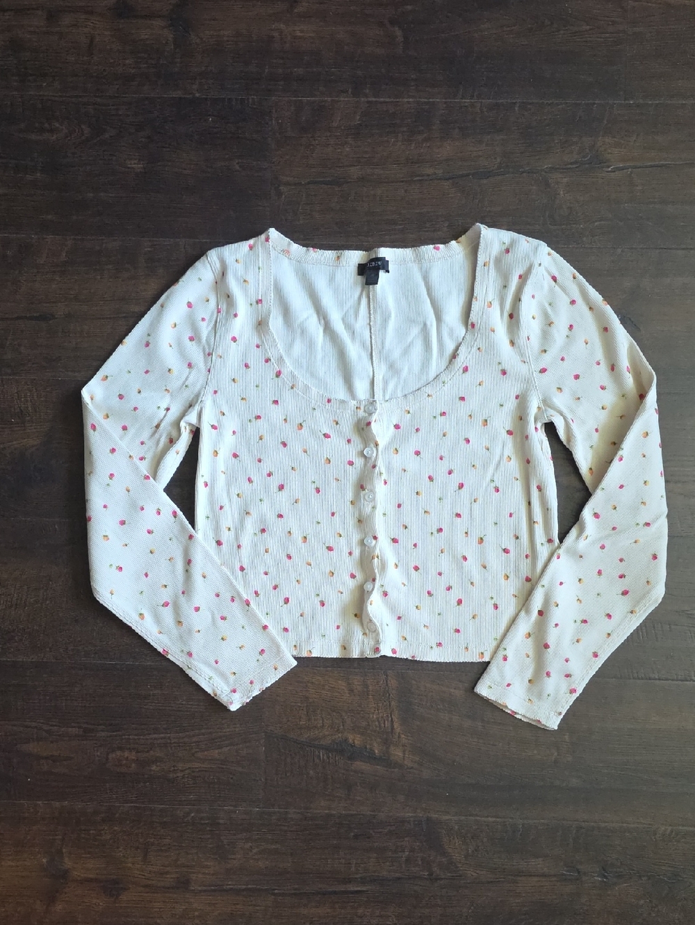 J. Crew Cream Ribbed Cropped Cardigan with Pink Dot Print